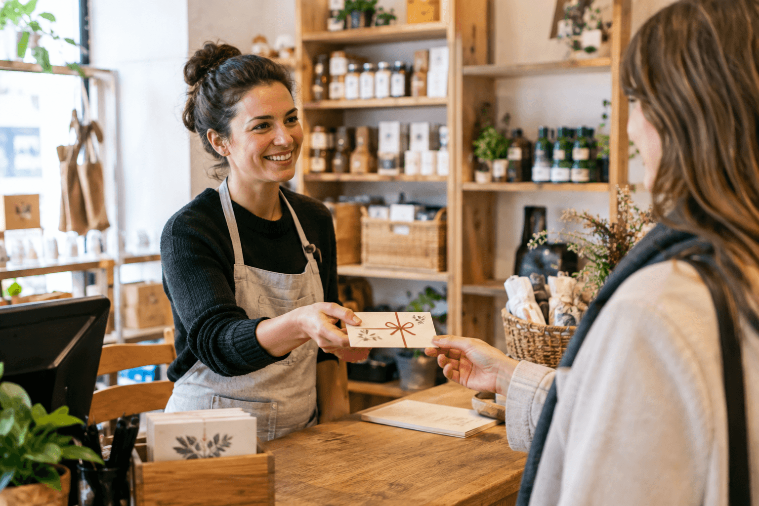 Escena de comercio local relacionada con Cómo vender tarjetas regalo en tu comercio local: importes, condiciones y control del canje