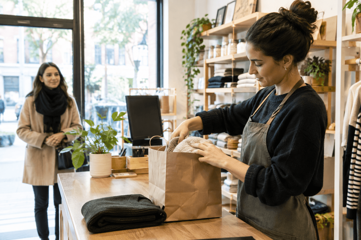 Escena de comercio local relacionada con Cómo organizar la recogida en tienda de pedidos sin errores: stock, preparación y aviso al cliente